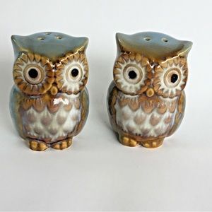 Owl salt and pepper shakers New Natural Blue Brown White glaze ceramic